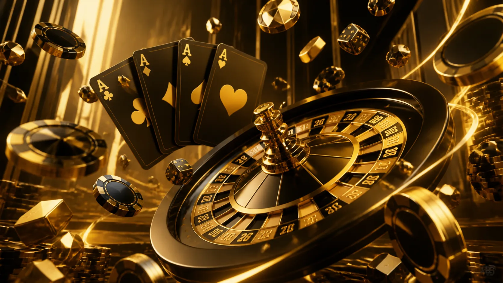 A glossy 3D isometric render showcasing floating poker chips and neon glowing elements, evoking a luxurious casino atmosphere